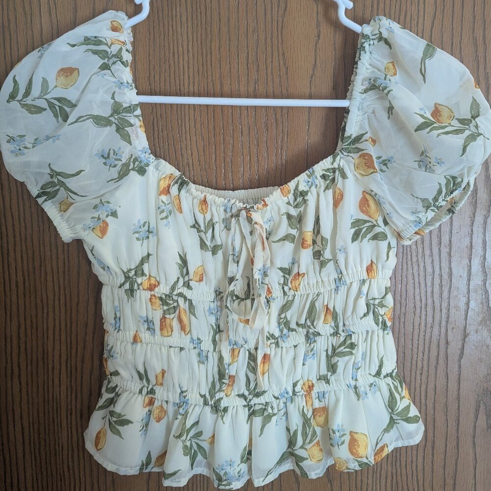 Japna Crop Top Feminine‎ Floral Ruffles Puff Sleeves Yellow Green-Small